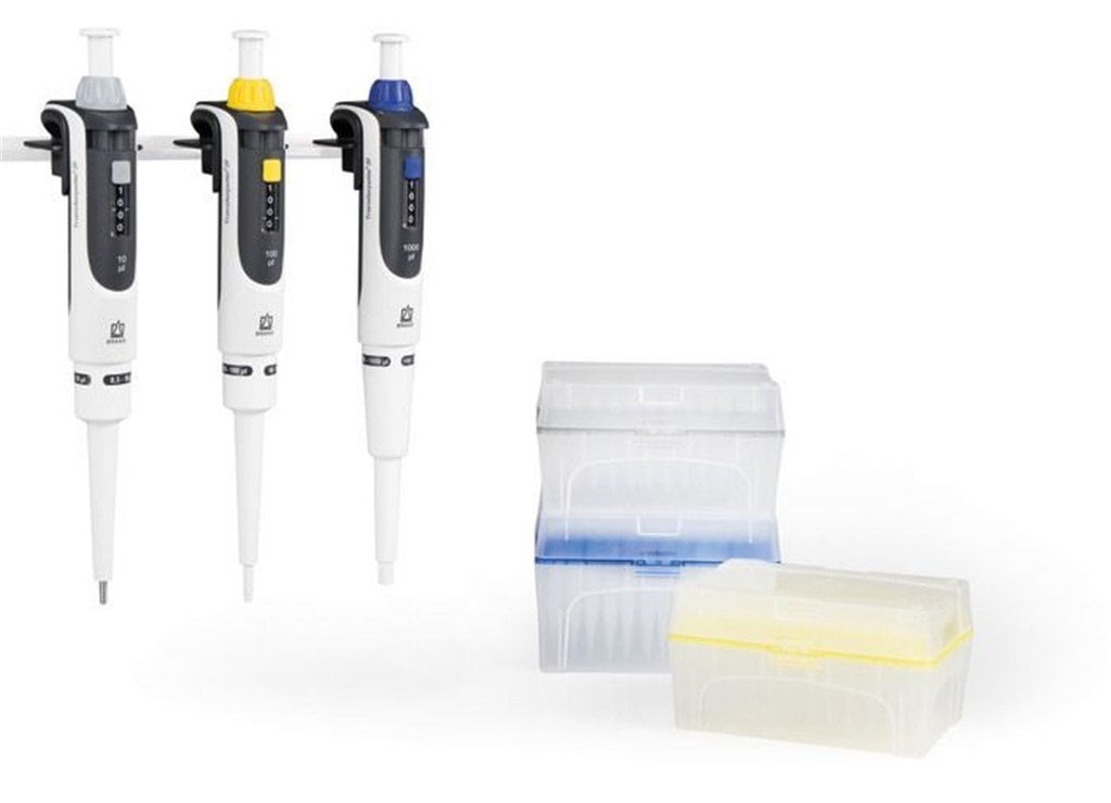 Brand Otomatik Dörtlü Pipet Seti 10-100ul,0,1-1 ml, 0,5-5 ml, 1-10 ml pipetler, askıları ve kutulu uçları ile komple